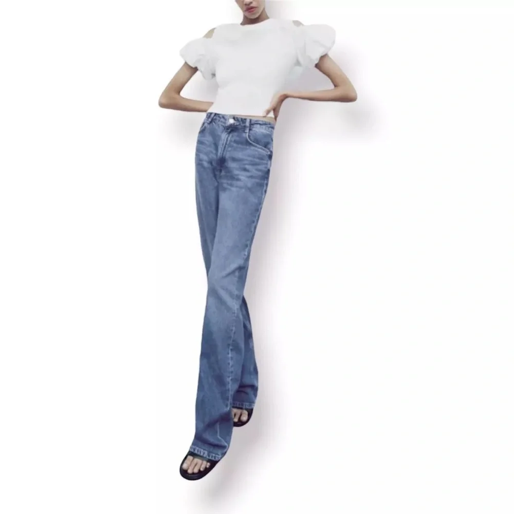 Zara | Cold Shoulder Puff Short Sleeve Crop Top Small White Ribbed - Picture 4 of 5